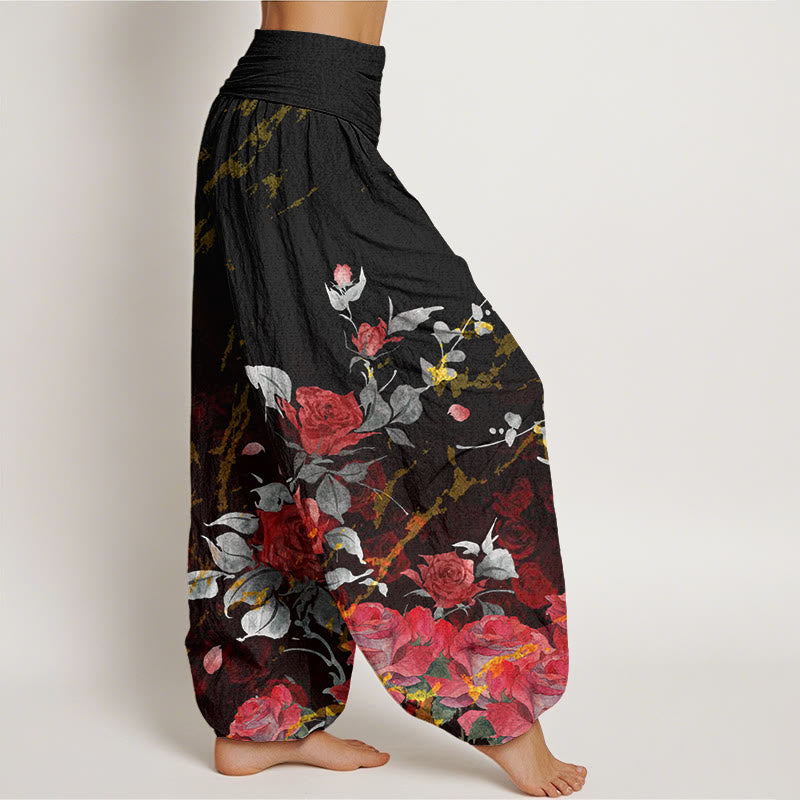 Pantalones harén con cintura elástica para mujer con estampado de rosas en flor y Buddha Stones - image 1