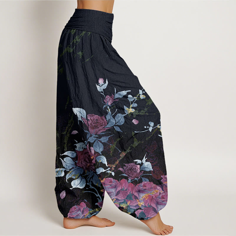 Pantalones harén con cintura elástica para mujer con estampado de rosas en flor y Buddha Stones - image 6