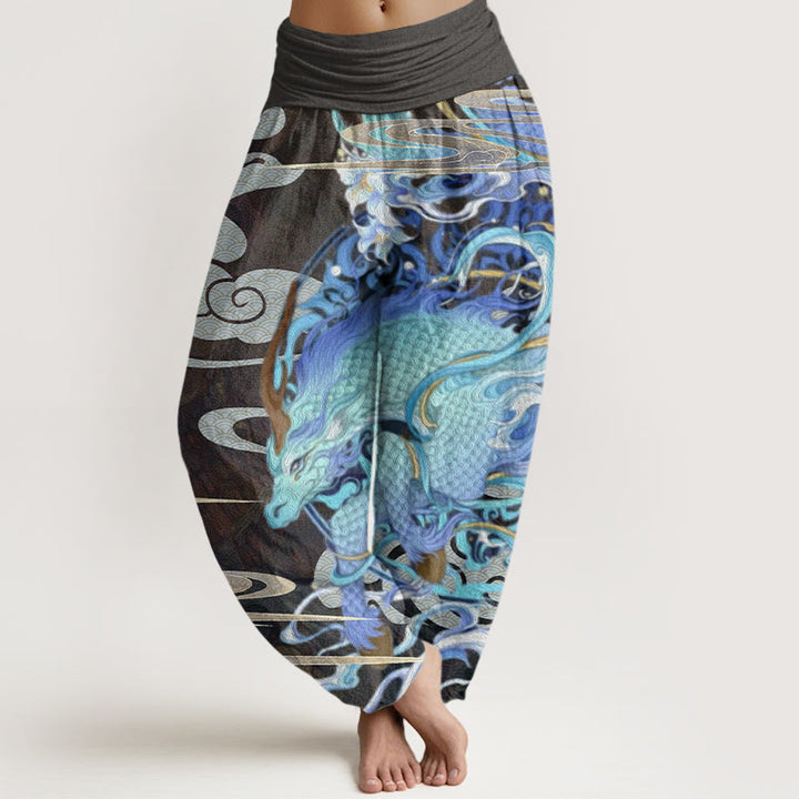 Pantalones harén con cintura elástica para mujer con diseño de nubes auspiciosas, dragones y Buddha Stones