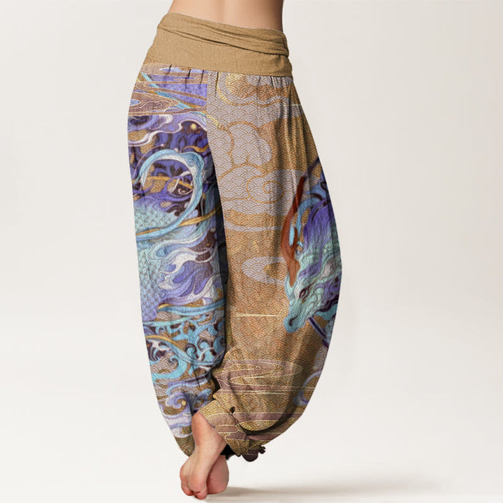 Pantalones harén con cintura elástica para mujer con diseño de nubes auspiciosas, dragones y Buddha Stones