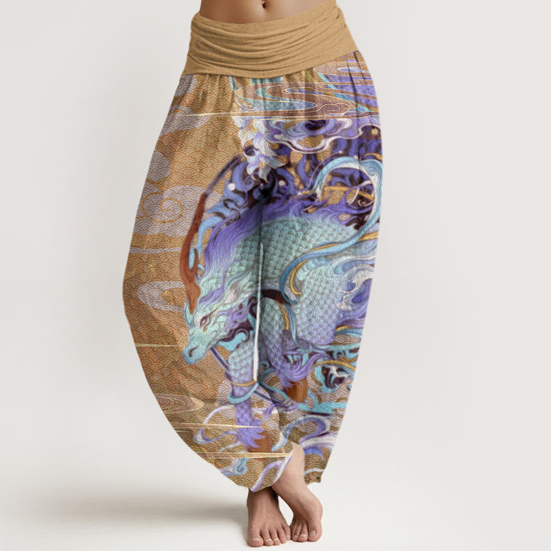 Pantalones harén con cintura elástica para mujer con diseño de nubes auspiciosas, dragones y Buddha Stones