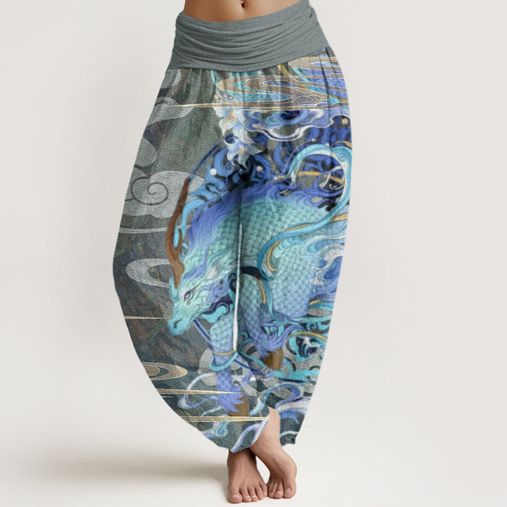 Pantalones harén con cintura elástica para mujer con diseño de nubes auspiciosas, dragones y Buddha Stones