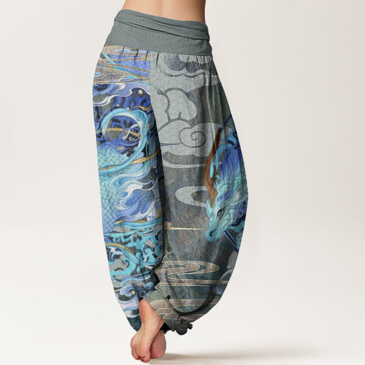 Pantalones harén con cintura elástica para mujer con diseño de nubes auspiciosas, dragones y Buddha Stones