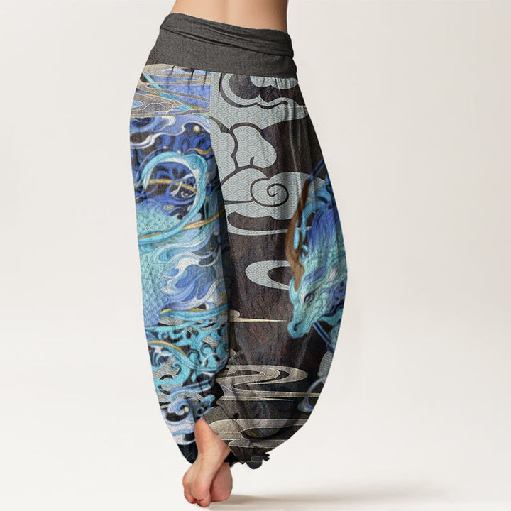 Pantalones harén con cintura elástica para mujer con diseño de nubes auspiciosas, dragones y Buddha Stones