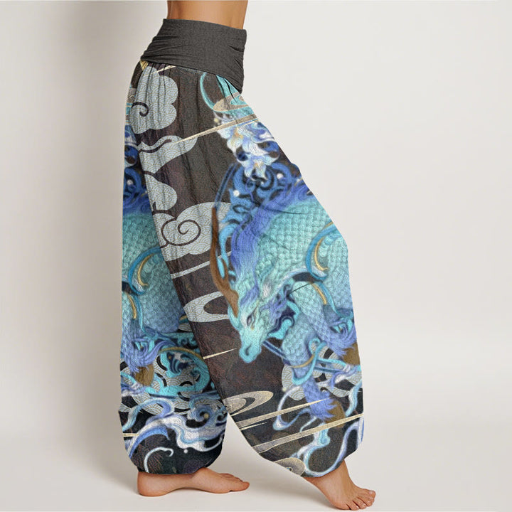 Pantalones harén con cintura elástica para mujer con diseño de nubes auspiciosas, dragones y Buddha Stones