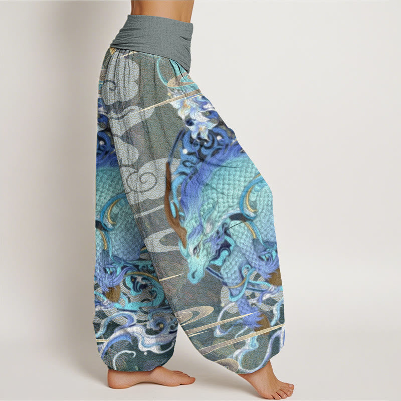 Pantalones harén con cintura elástica para mujer con diseño de nubes auspiciosas, dragones y Buddha Stones