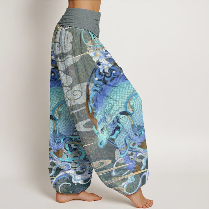 Pantalones harén con cintura elástica para mujer con diseño de nubes auspiciosas, dragones y Buddha Stones