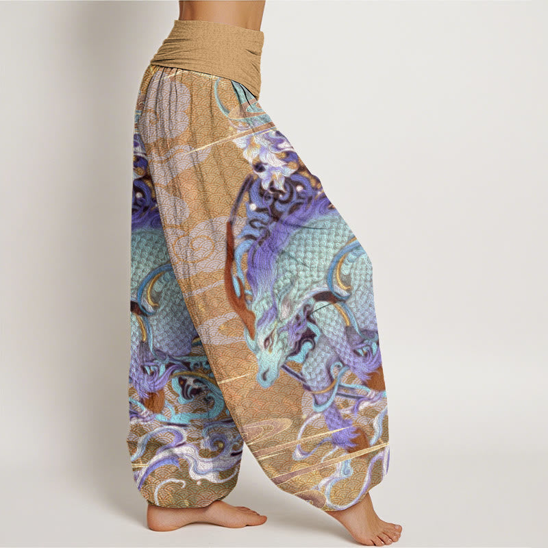 Pantalones harén con cintura elástica para mujer con diseño de nubes auspiciosas, dragones y Buddha Stones
