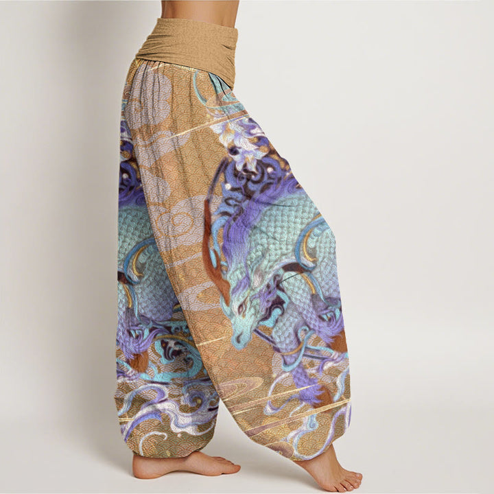 Pantalones harén con cintura elástica para mujer con diseño de nubes auspiciosas, dragones y Buddha Stones