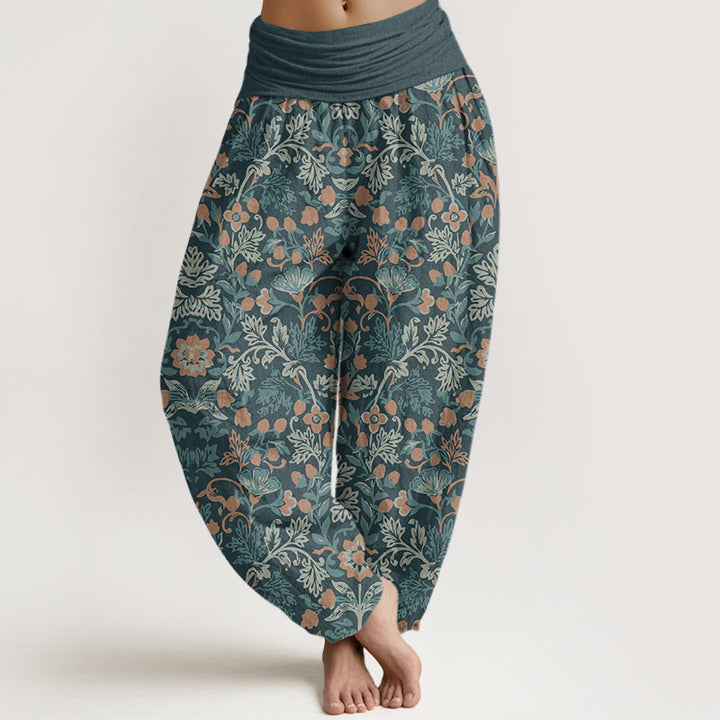Pantalones bombachos de mujer con cintura elástica, estampado de flores y hojas de enredadera, de algodón y estilo informal con Buddha Stones. - Azul cadete - US22，UK/AU26，EU54 (6XL) - image 0