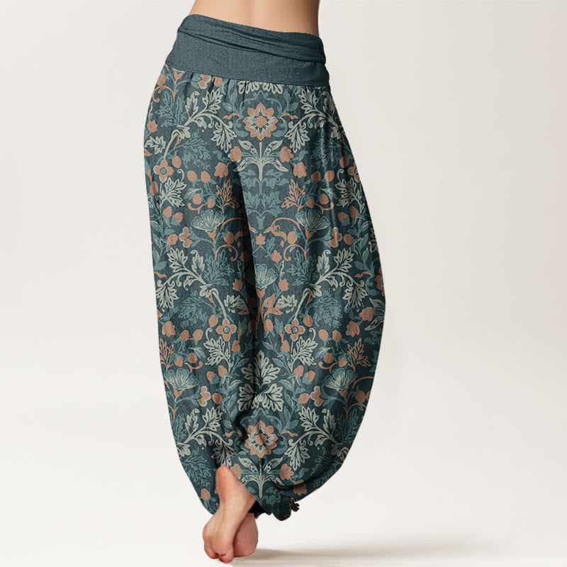 Pantalones bombachos de mujer con cintura elástica, estampado de flores y hojas de enredadera, de algodón y estilo informal con Buddha Stones. - image 2