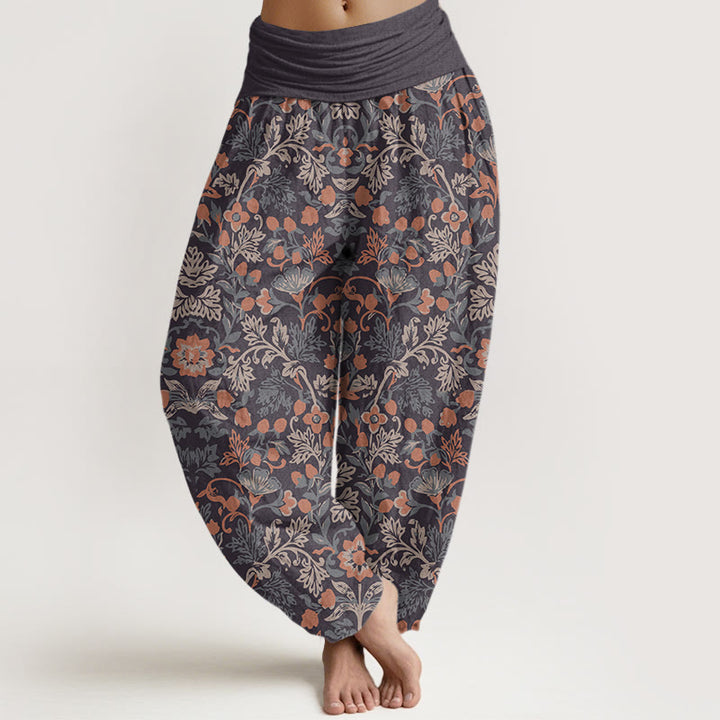 Pantalones bombachos de mujer con cintura elástica, estampado de flores y hojas de enredadera, de algodón y estilo informal con Buddha Stones. - Marrón rosado - US22，UK/AU26，EU54 (6XL) - image 4