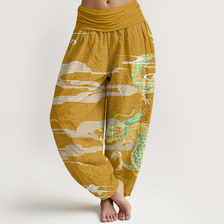 Pantalones harén con cintura elástica para mujer con diseño informal de nubes auspiciosas y dragón y Buddha Stones