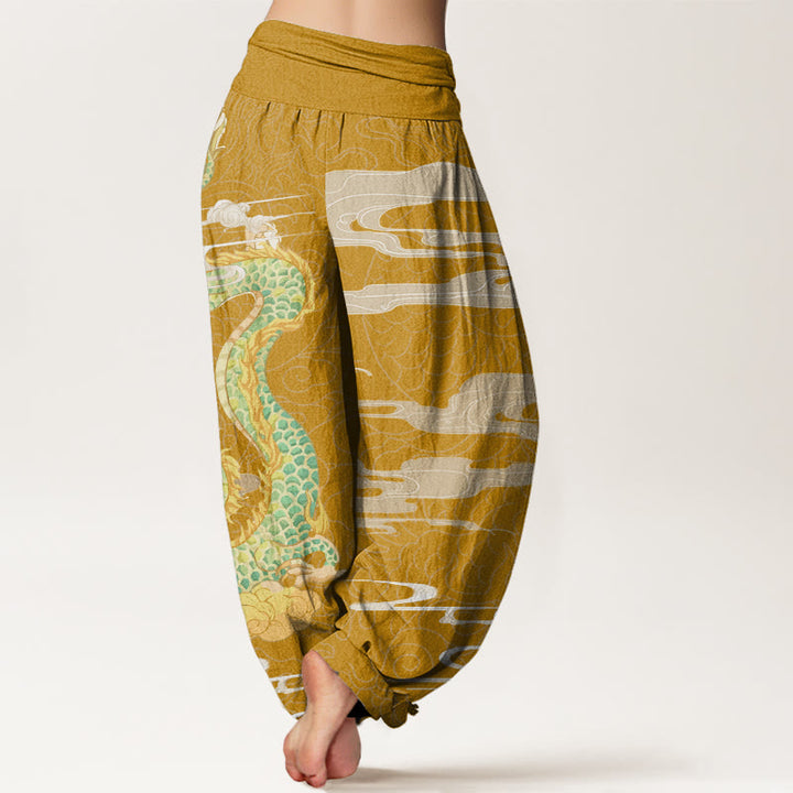 Pantalones harén con cintura elástica para mujer con diseño informal de nubes auspiciosas y dragón y Buddha Stones