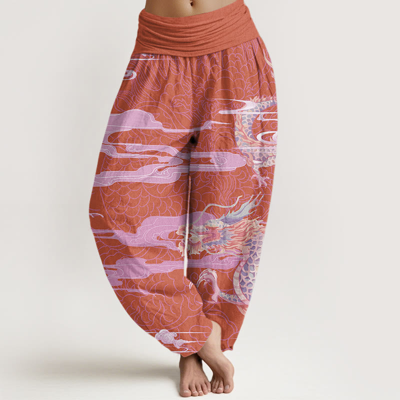 Pantalones harén con cintura elástica para mujer con diseño informal de nubes auspiciosas y dragón y Buddha Stones