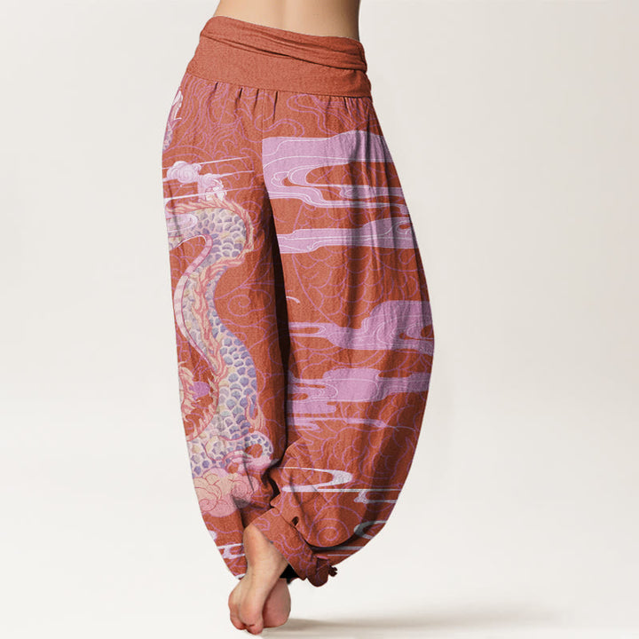 Pantalones harén con cintura elástica para mujer con diseño informal de nubes auspiciosas y dragón y Buddha Stones