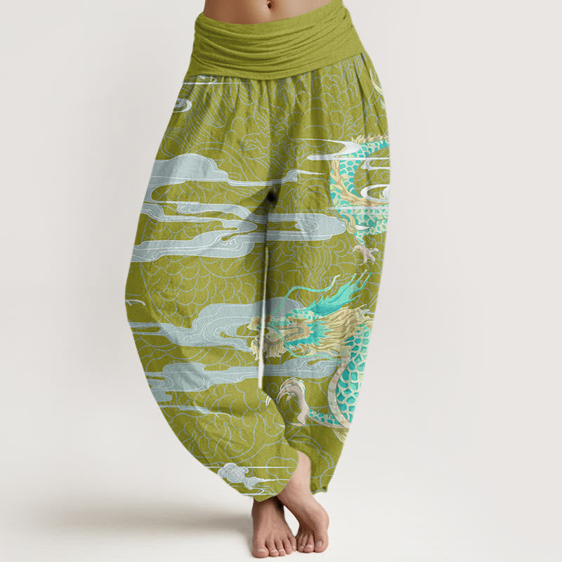 Pantalones harén con cintura elástica para mujer con diseño informal de nubes auspiciosas y dragón y Buddha Stones