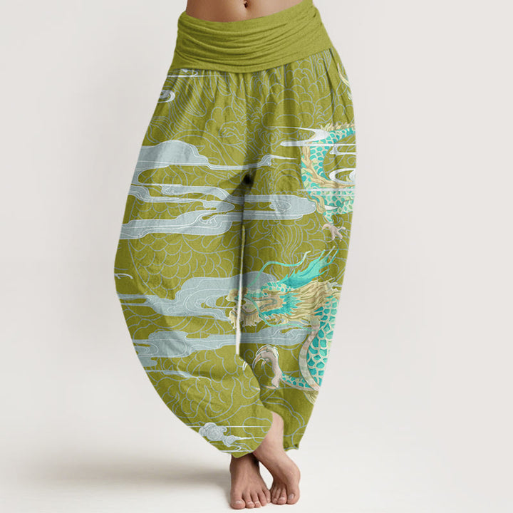 Pantalones harén con cintura elástica para mujer con diseño informal de nubes auspiciosas y dragón y Buddha Stones