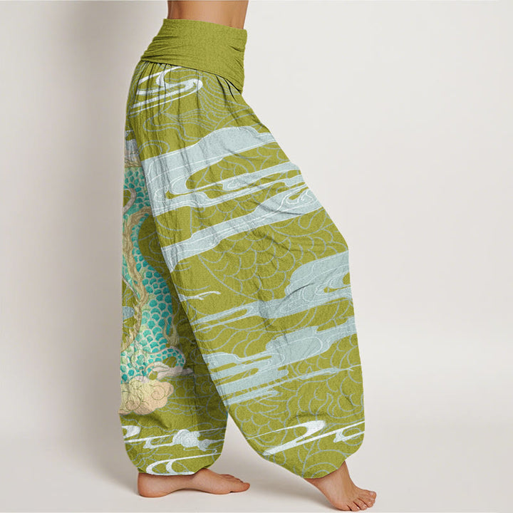 Pantalones harén con cintura elástica para mujer con diseño informal de nubes auspiciosas y dragón y Buddha Stones