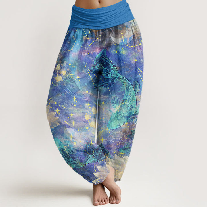 Pantalones harén con cintura elástica para mujer con estampado de estrellas, luna, loto y peces koi y piedras de Buddha Stones - Azul aciano - US22，UK/AU26，EU54 (6XL) - image 1
