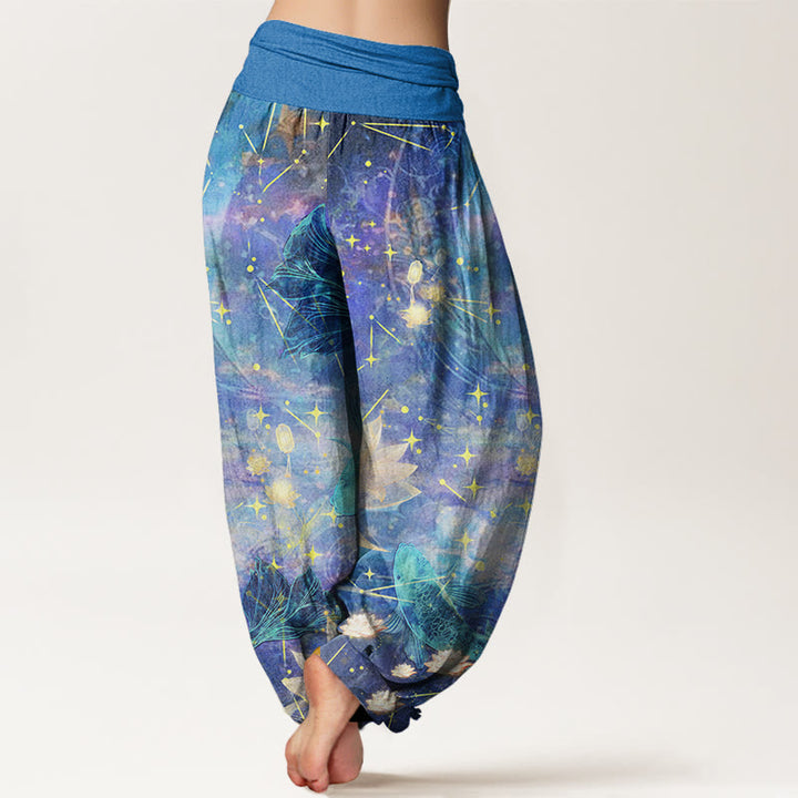 Pantalones harén con cintura elástica para mujer con estampado de estrellas, luna, loto y peces koi y piedras de Buddha Stones - image 3
