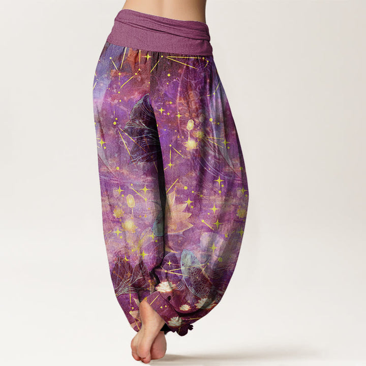 Pantalones harén con cintura elástica para mujer con estampado de estrellas, luna, loto y peces koi y piedras de Buddha Stones - image 7