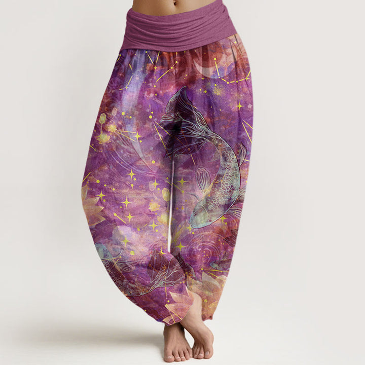 Pantalones harén con cintura elástica para mujer con estampado de estrellas, luna, loto y peces koi y piedras de Buddha Stones - Orquídea - US22，UK/AU26，EU54 (6XL) - image 5