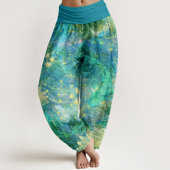 Pantalones harén con cintura elástica para mujer con estampado de estrellas, luna, loto y peces koi y piedras de Buddha Stones - Turquesa oscuro - US22，UK/AU26，EU54 (6XL) - image 8