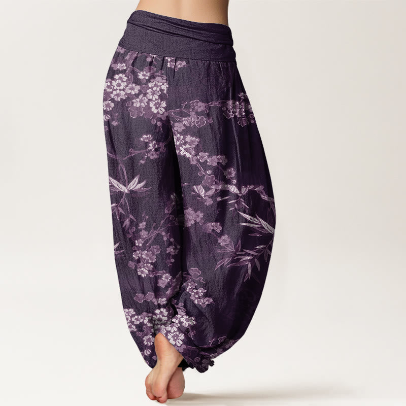 Pantalones harén con cintura elástica para mujer con estampado de flores de cerezo blancas y Buddha Stones - image 6
