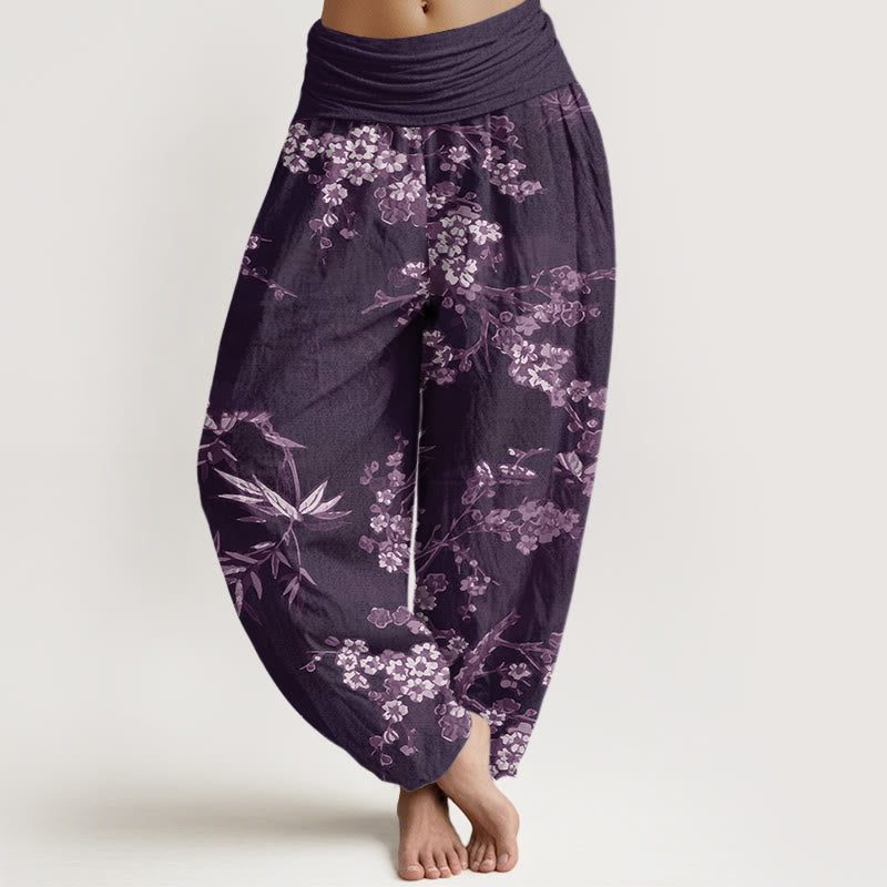 Pantalones harén con cintura elástica para mujer con estampado de flores de cerezo blancas y Buddha Stones - Púrpura - US22，UK/AU26，EU54 (6XL) - image 4