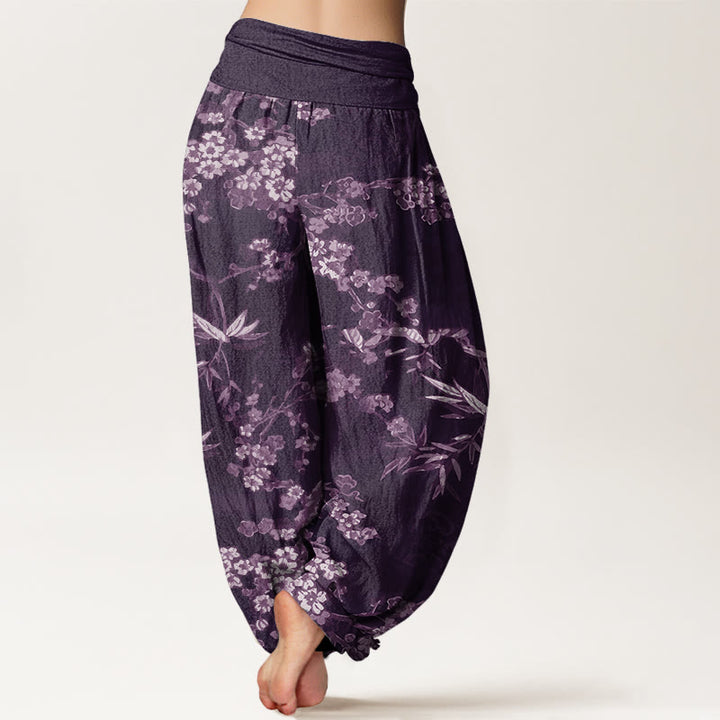Pantalones bombachos de cintura elástica para mujer, de algodón blanco con estampado de flores de sakura y piedras de Buddha Stones. - image 6