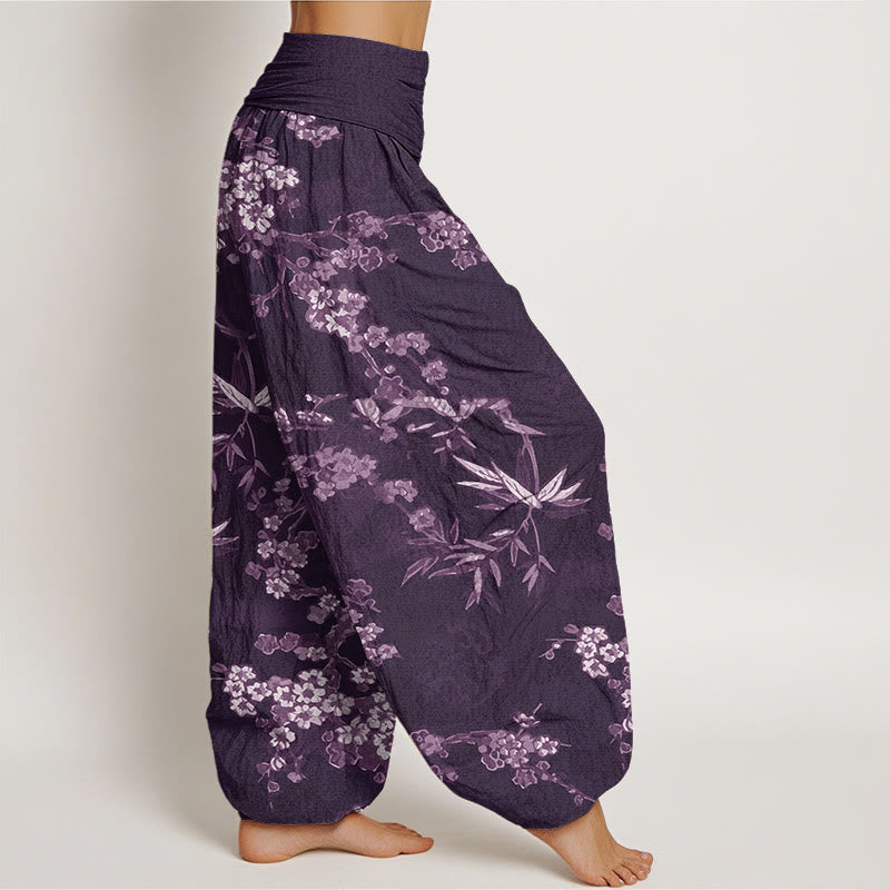 Pantalones harén con cintura elástica para mujer con estampado de flores de cerezo blancas y Buddha Stones - image 6