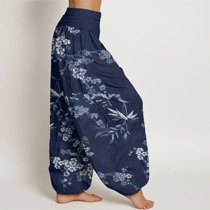 Pantalones harén con cintura elástica para mujer con estampado de flores de cerezo blancas y Buddha Stones - image 2