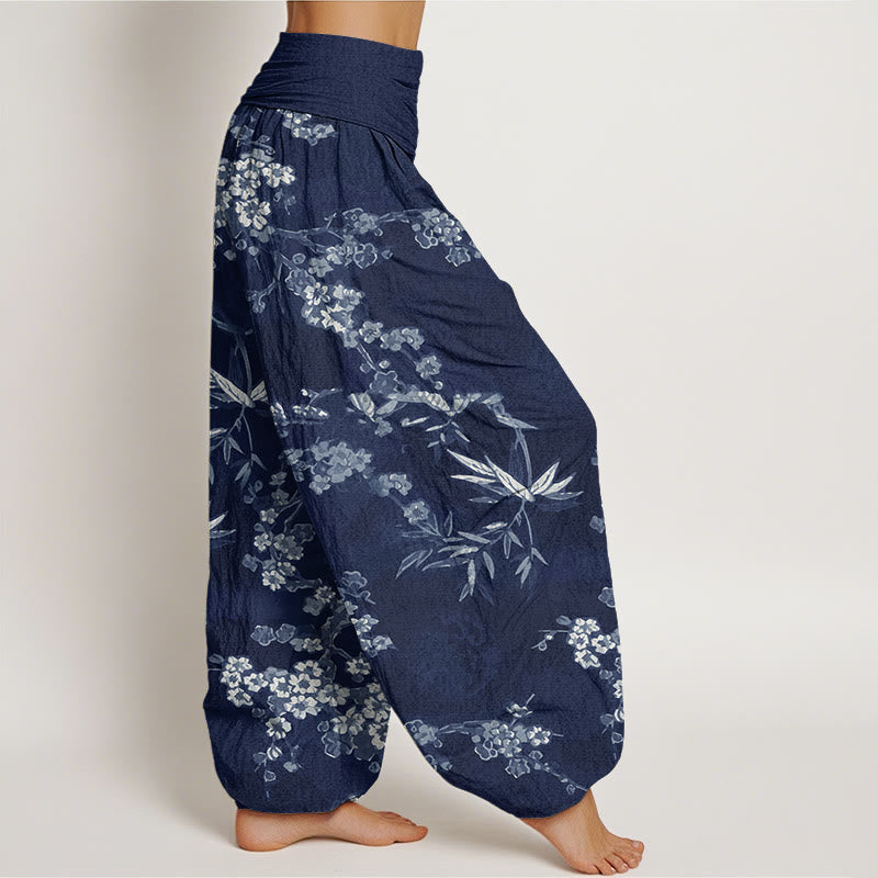 Pantalones bombachos de cintura elástica para mujer, de algodón blanco con estampado de flores de sakura y piedras de Buddha Stones. - image 1