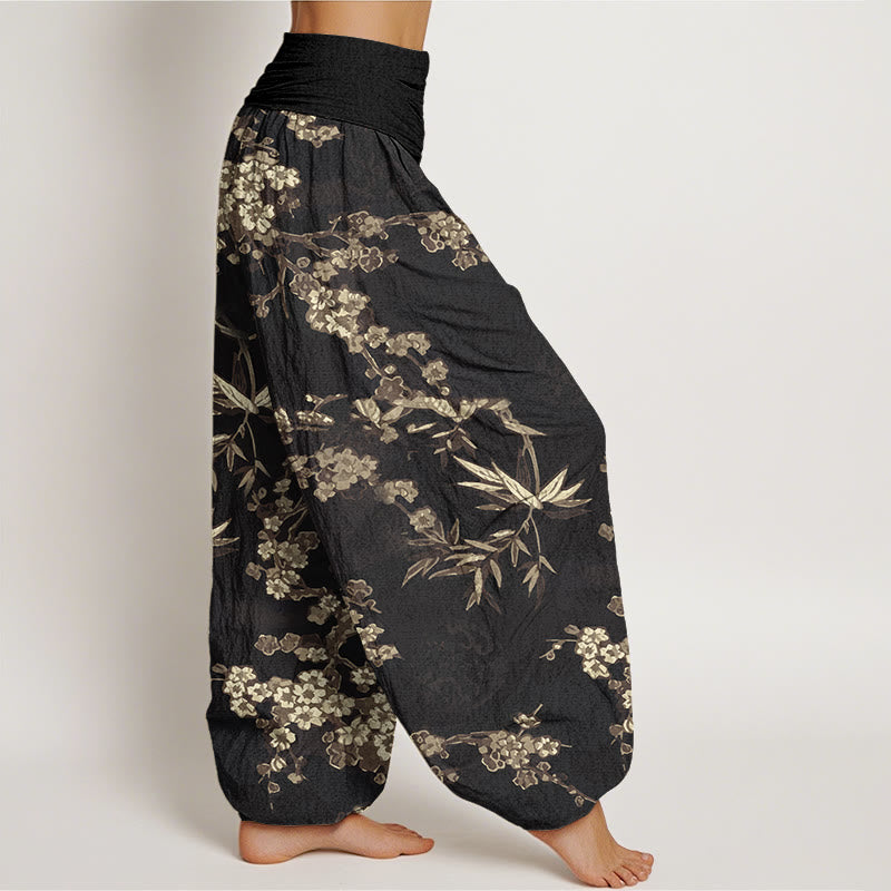 Pantalones harén con cintura elástica para mujer con estampado de flores de cerezo blancas y Buddha Stones - image 8