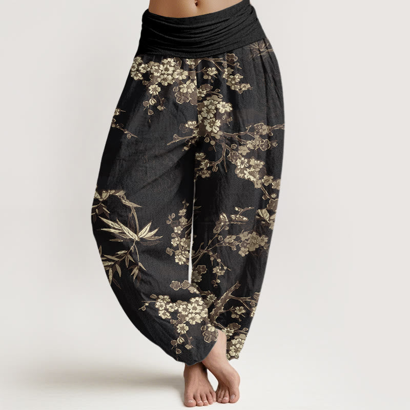 Pantalones harén con cintura elástica para mujer con estampado de flores de cerezo blancas y Buddha Stones - Negro - US22，UK/AU26，EU54 (6XL) - image 8