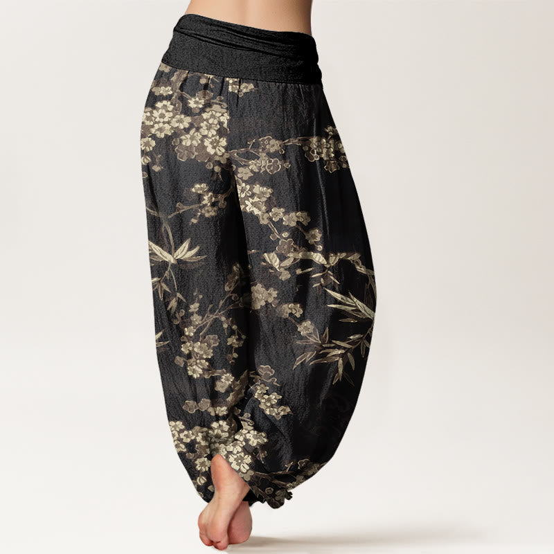Pantalones harén con cintura elástica para mujer con estampado de flores de cerezo blancas y Buddha Stones - image 9