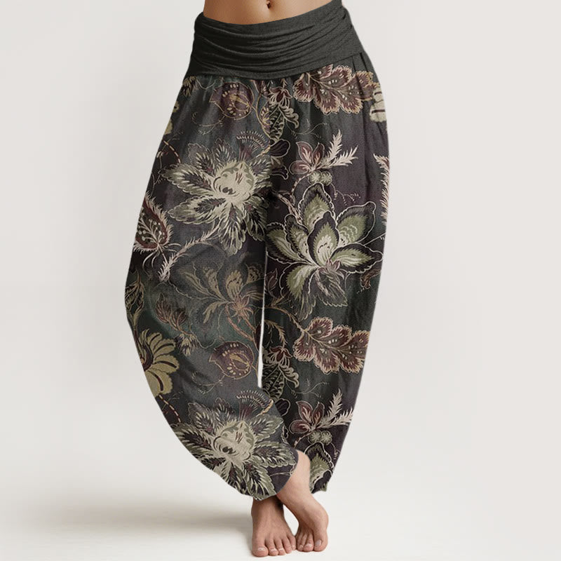 Pantalones harén con cintura elástica para mujer, informales, con estampado floral y Buddha Stones - Gris oscuro - US22，UK/AU26，EU54 (6XL) - image 1