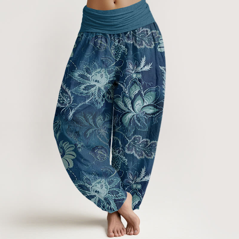 Pantalones harén con cintura elástica para mujer, informales, con estampado floral y Buddha Stones - Azul acero - US22，UK/AU26，EU54 (6XL) - image 4