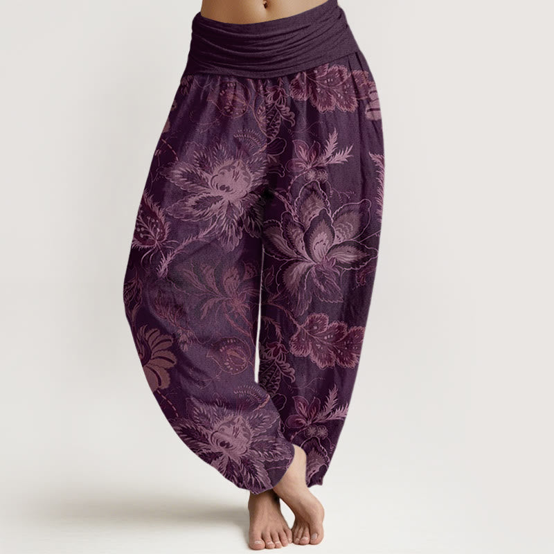 Pantalones bombachos de mujer con cintura elástica, estampado floral informal de Buddha Stones, de algodón. - Púrpura - US22，UK/AU26，EU54 (6XL) - image 7