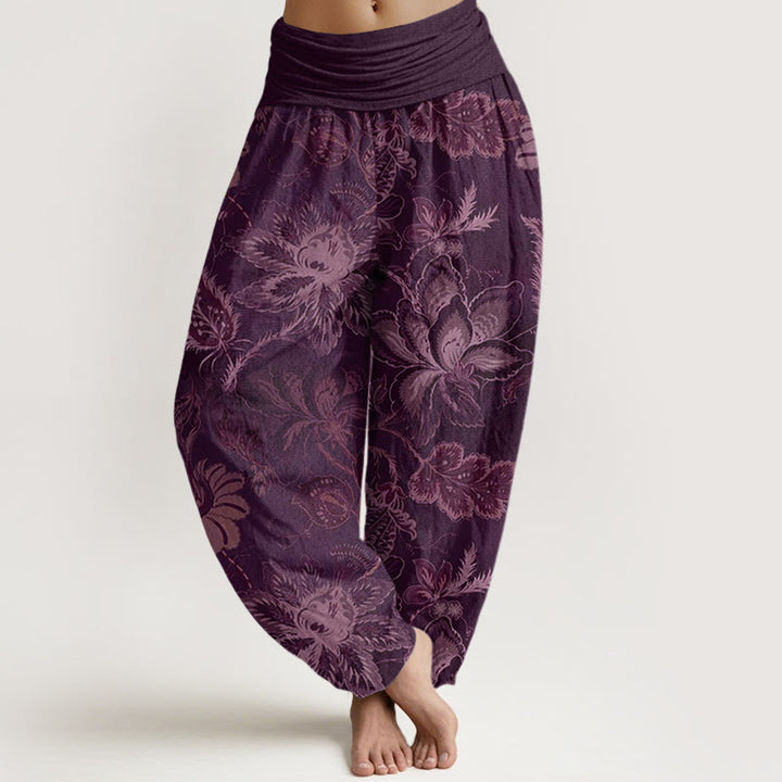 Pantalones bombachos de mujer con cintura elástica, estampado floral informal de Buddha Stones, de algodón. - Púrpura - US22，UK/AU26，EU54 (6XL) - image 7