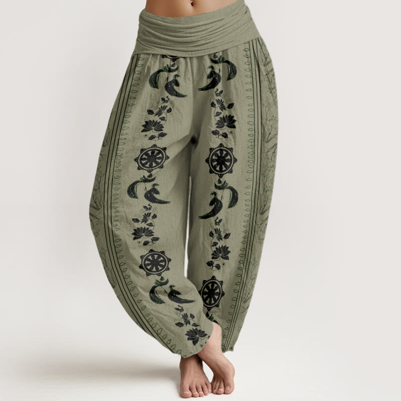 Pantalones harén con cintura elástica para mujer con diseño de rueda del Dharma y Buddha Stones y loto OM - Caqui oscuro - US22，UK/AU26，EU54 (6XL) - image 5