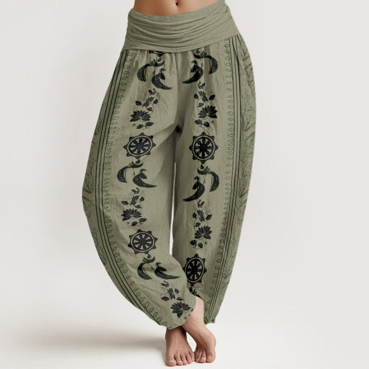 Pantalones bombachos de cintura elástica para mujer con estampado de Buddha Stones, rueda del Dharma, loto y símbolo OM. - Caqui oscuro - US22，UK/AU26，EU54 (6XL) - image 4