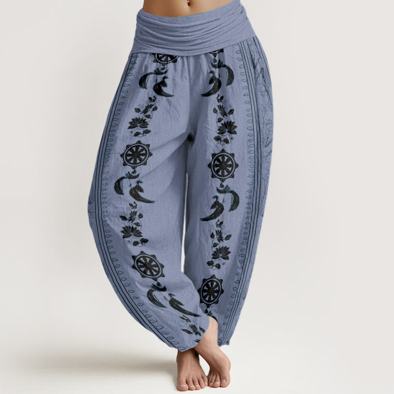Pantalones harén con cintura elástica para mujer con diseño de rueda del Dharma y Buddha Stones y loto OM - Azul aciano - US22，UK/AU26，EU54 (6XL) - image 1