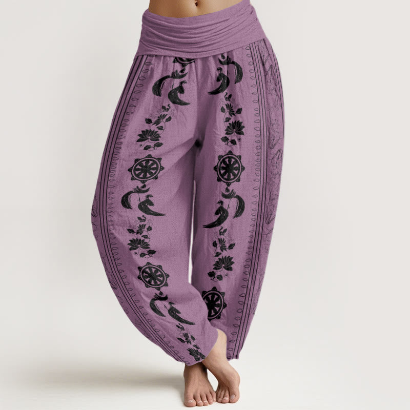 Pantalones bombachos de cintura elástica para mujer con estampado de Buddha Stones, rueda del Dharma, loto y símbolo OM. - Ciruela - US22，UK/AU26，EU54 (6XL) - image 7