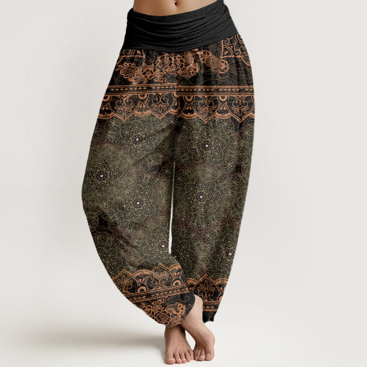 Pantalones harén con cintura elástica para mujer con diseño elegante de flores de mandala y Buddha Stones - Verde oliva - US22，UK/AU26，EU54 (6XL) - image 8