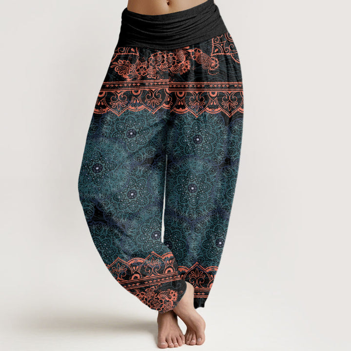 Pantalón tipo harem de cintura elástica para mujer, con diseño elegante de mandalas florales y Buddha Stones en algodón. - Cian oscuro - US22，UK/AU26，EU54 (6XL) - image 0