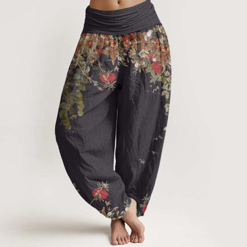 Pantalón tipo harem de cintura elástica para mujer, de algodón, estilo casual, con diseño de peonía roja y enredadera, estampado de Buddha Stones. - Negro - US22，UK/AU26，EU54 (6XL) - image 0