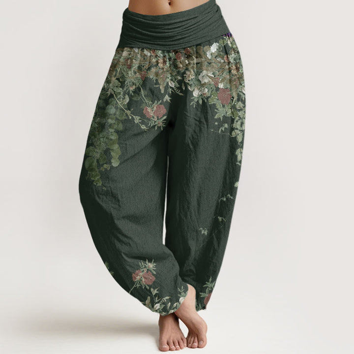 Pantalones harén con cintura elástica para mujer, diseño informal de peonías rojas y flores de Buddha Stones - Verde mar oscuro - US22，UK/AU26，EU54 (6XL) - image 5