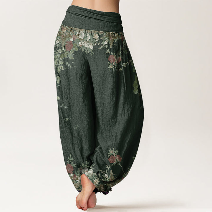 Pantalón tipo harem de cintura elástica para mujer, de algodón, estilo casual, con diseño de peonía roja y enredadera, estampado de Buddha Stones. - image 6